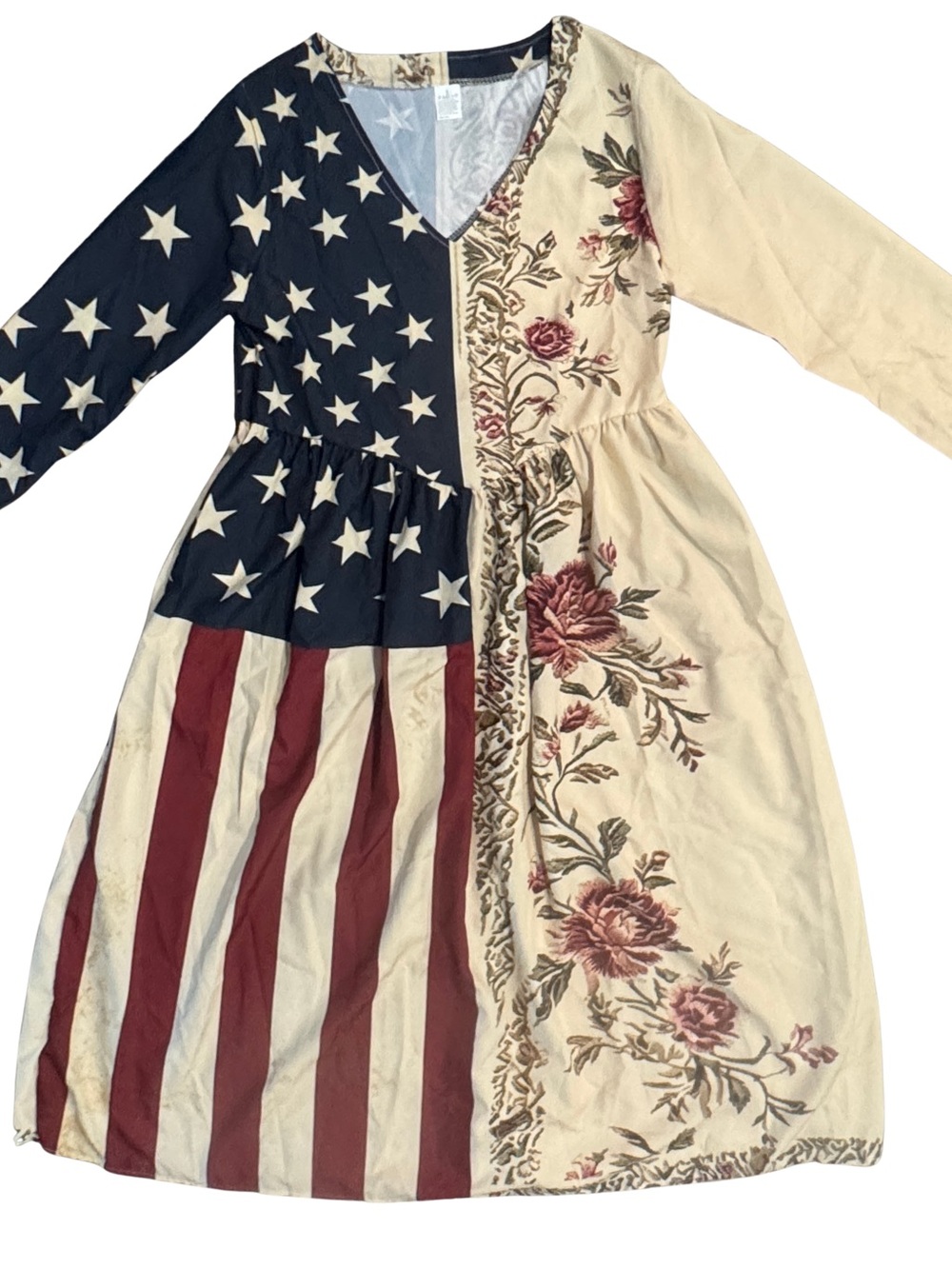 Women’s Lightweight Red, Navy & Cream Americana Floral Long Sleeve Dress